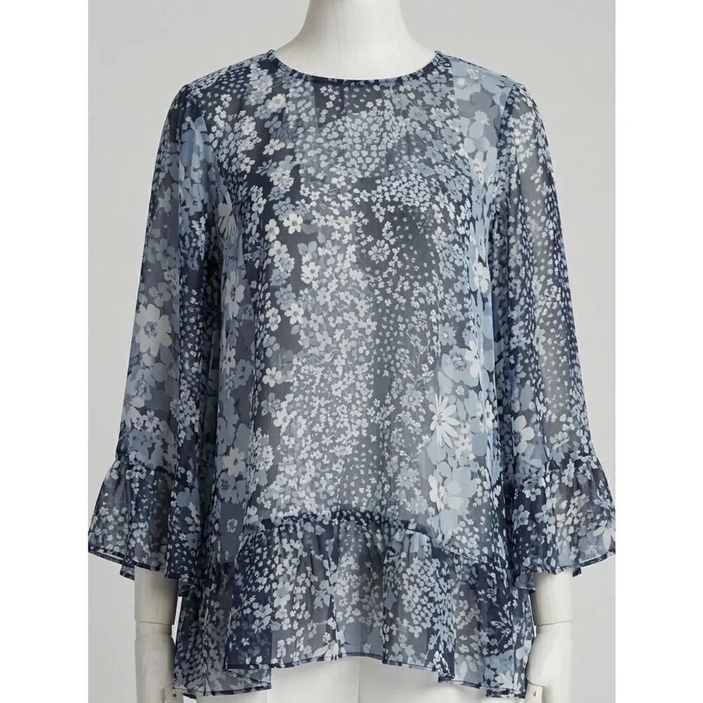 Michael Kors Women’s Blue Floral Sheer Flowy Boho Romantic Top Size Medium